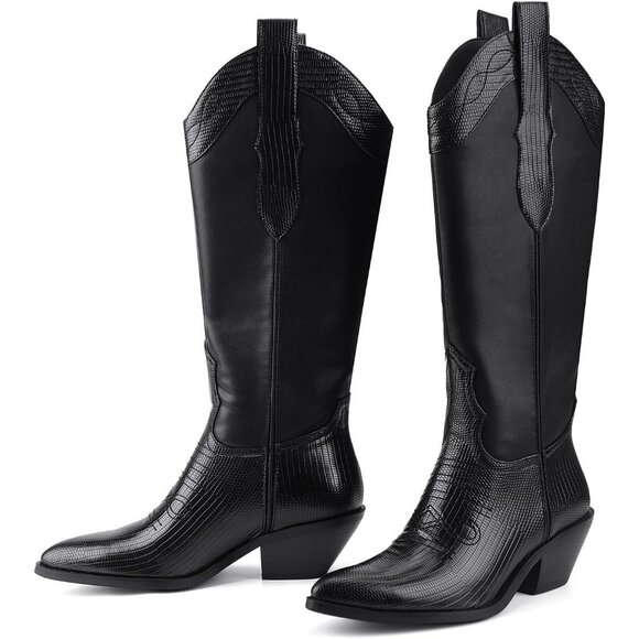 Women's Black Knee High Cowgirl Boots Pointed Toe Chunky Block Heel Fashion - Picture 6 of 8